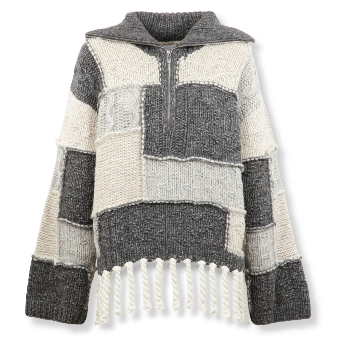 Ganni Patchwork Fringe Half-Zip Sweater