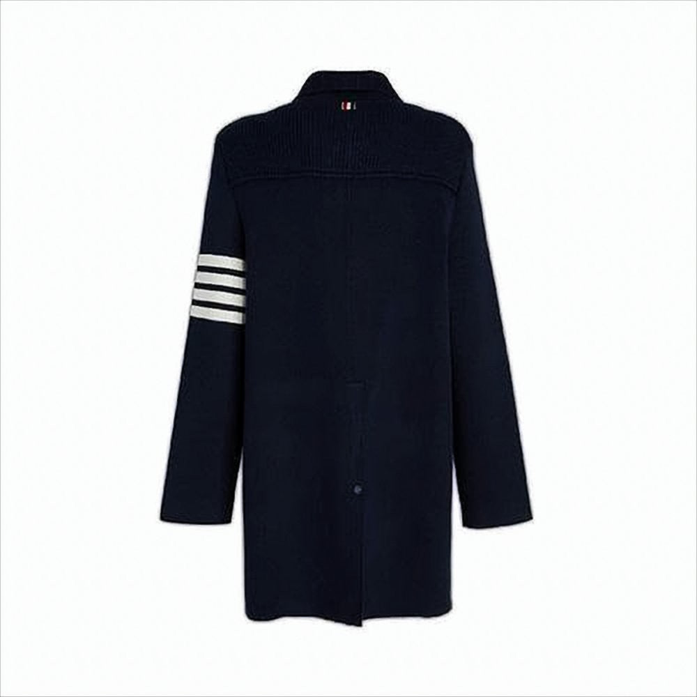 Thom Browne Tailored Blue Coat With Classic Collar And Striped Accent