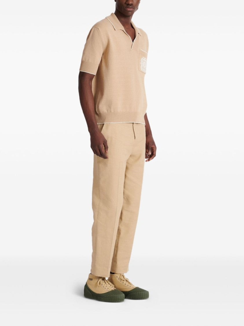 Balmain Beige V-Neck Embroidered Knit Polo Shirt