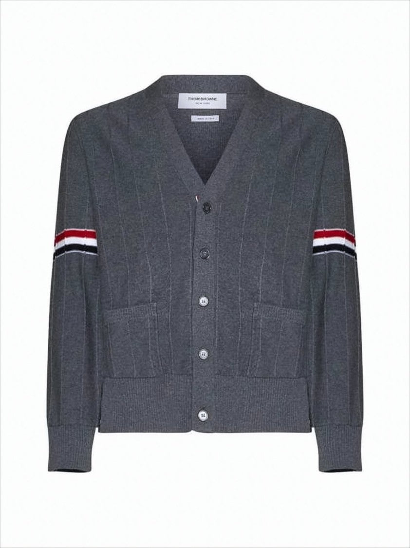 Thom Browne Grey Wool Cardigan With V-Neck And Iconic Striped Accents