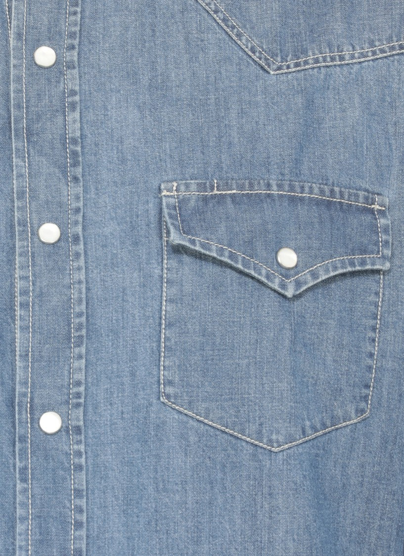 Brunello Cucinelli Medium Blue Denim-Textured Cotton Shirt