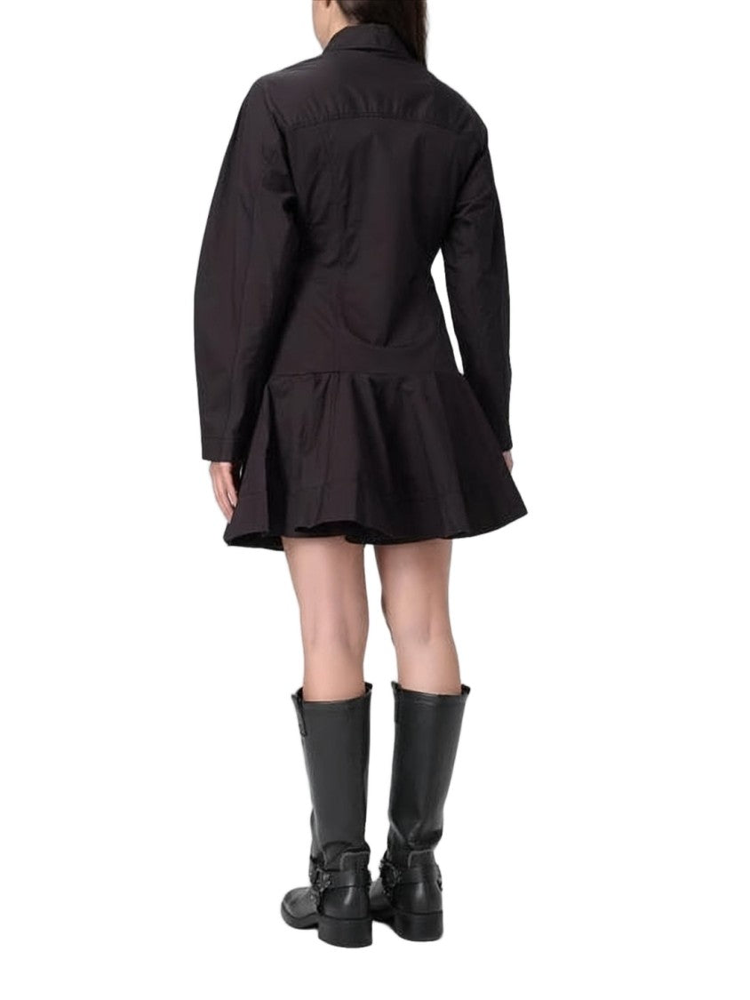 Ganni Structured Black Midi Dress With Ruffled Hem