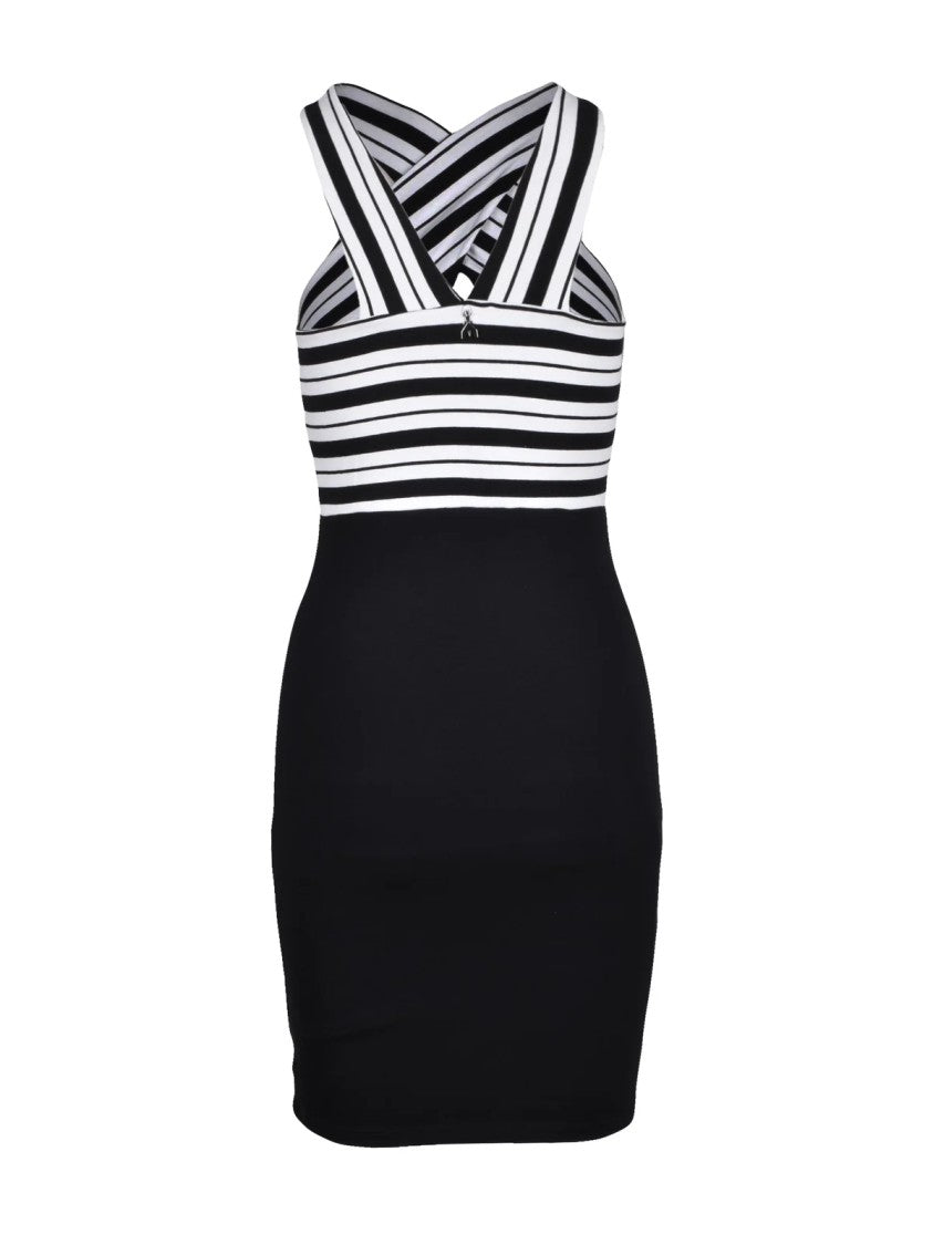 Patrizia Pepe Black/White Diagonal Striped Cotton-Blend Wrap Mini Dress
