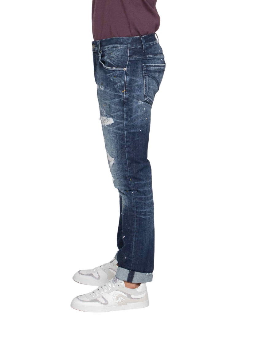 Dondup Slim-Fit Jeans With Distressed Blue Wash And Paint Splatter Accents