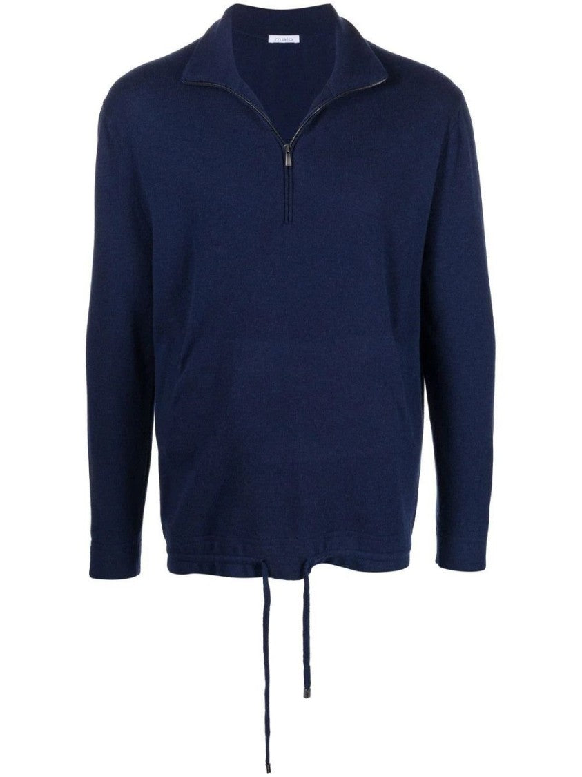 Malo Navy Blue Cashmere Sweater With Half-Zip Collar And Adjustable Hem