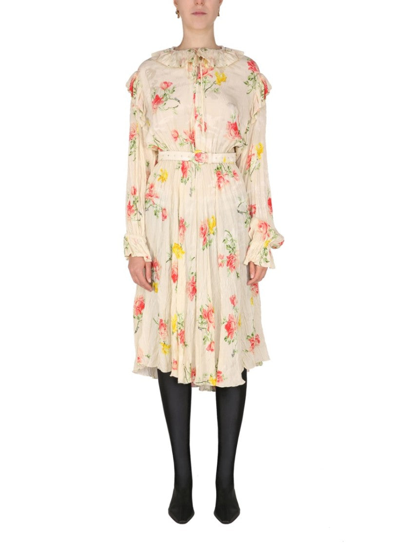 Balenciaga Floral Dress With Drawstring Collar And Flowing Silhouette