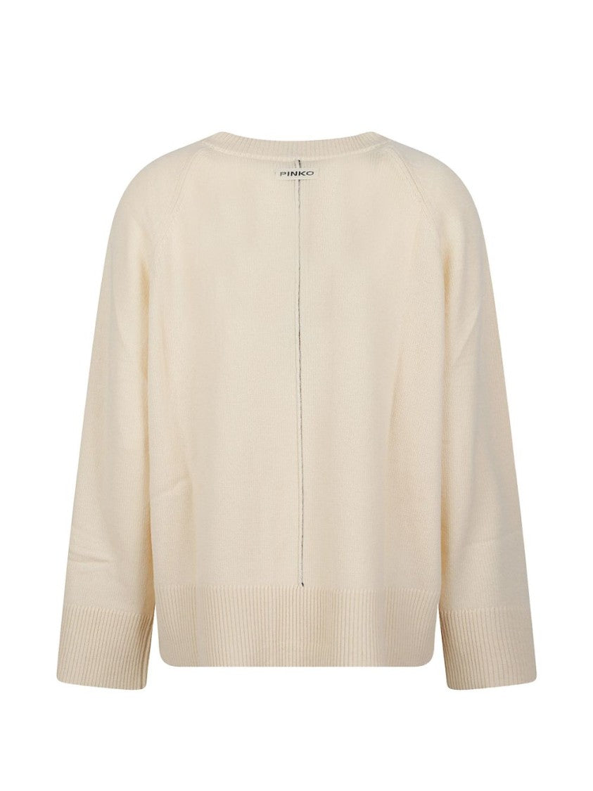 Pinko Creamy Beige Sweater With V-Notch Detail And Ribbed Finish