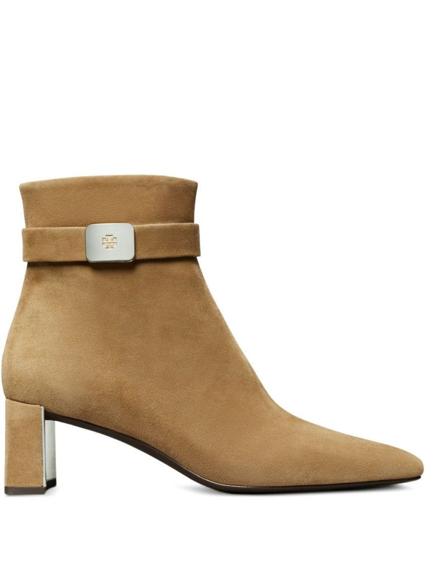 Tory Burch Pointed Toe Suede Ankle Boots With Metallic Accents