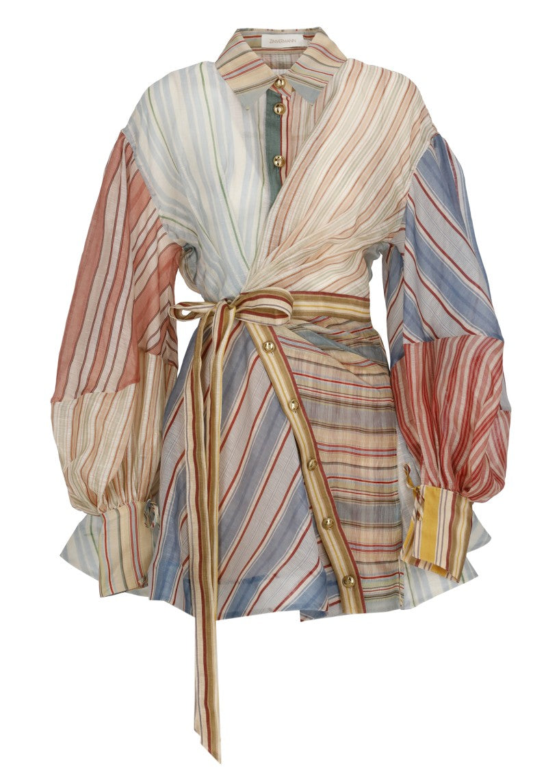 Zimmermann Multicolor Striped Linen And Silk Mini Dress With Belted Waist