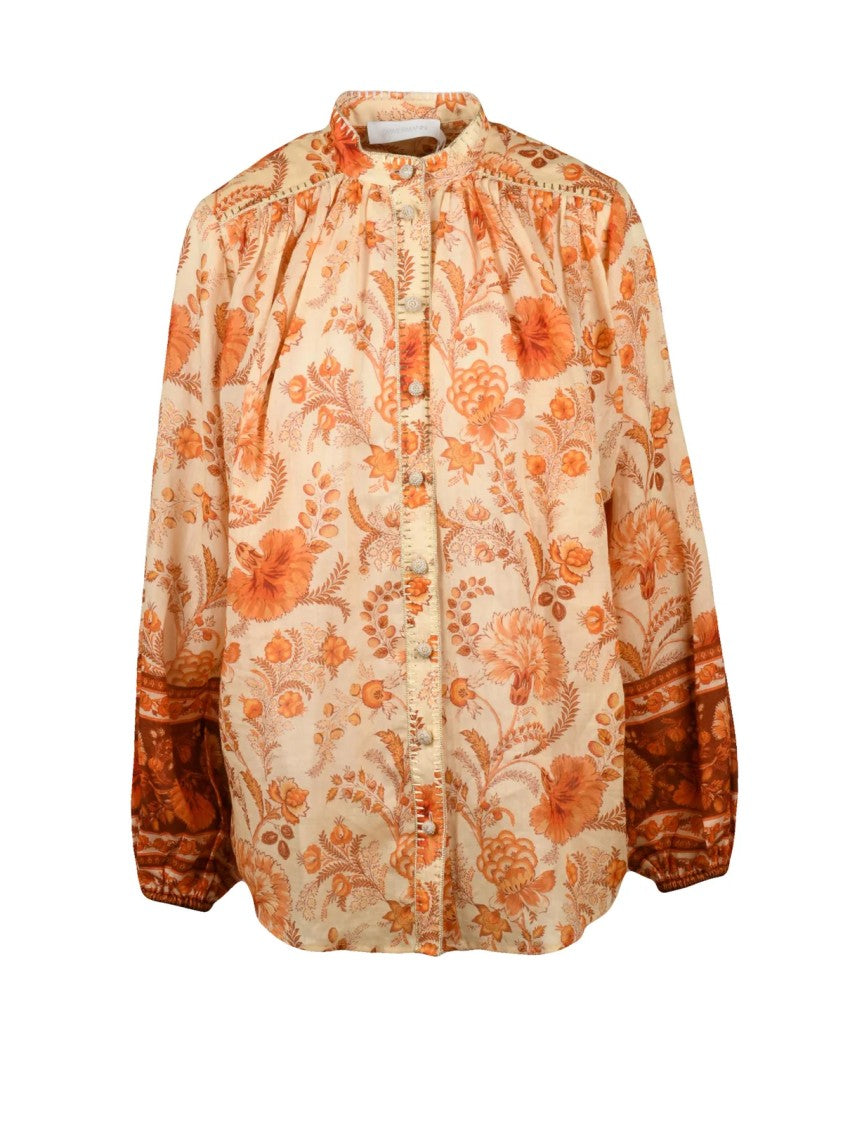 Zimmermann Mandarin Collar Puff Sleeve Shirt With Floral Pattern And Gathered Yoke