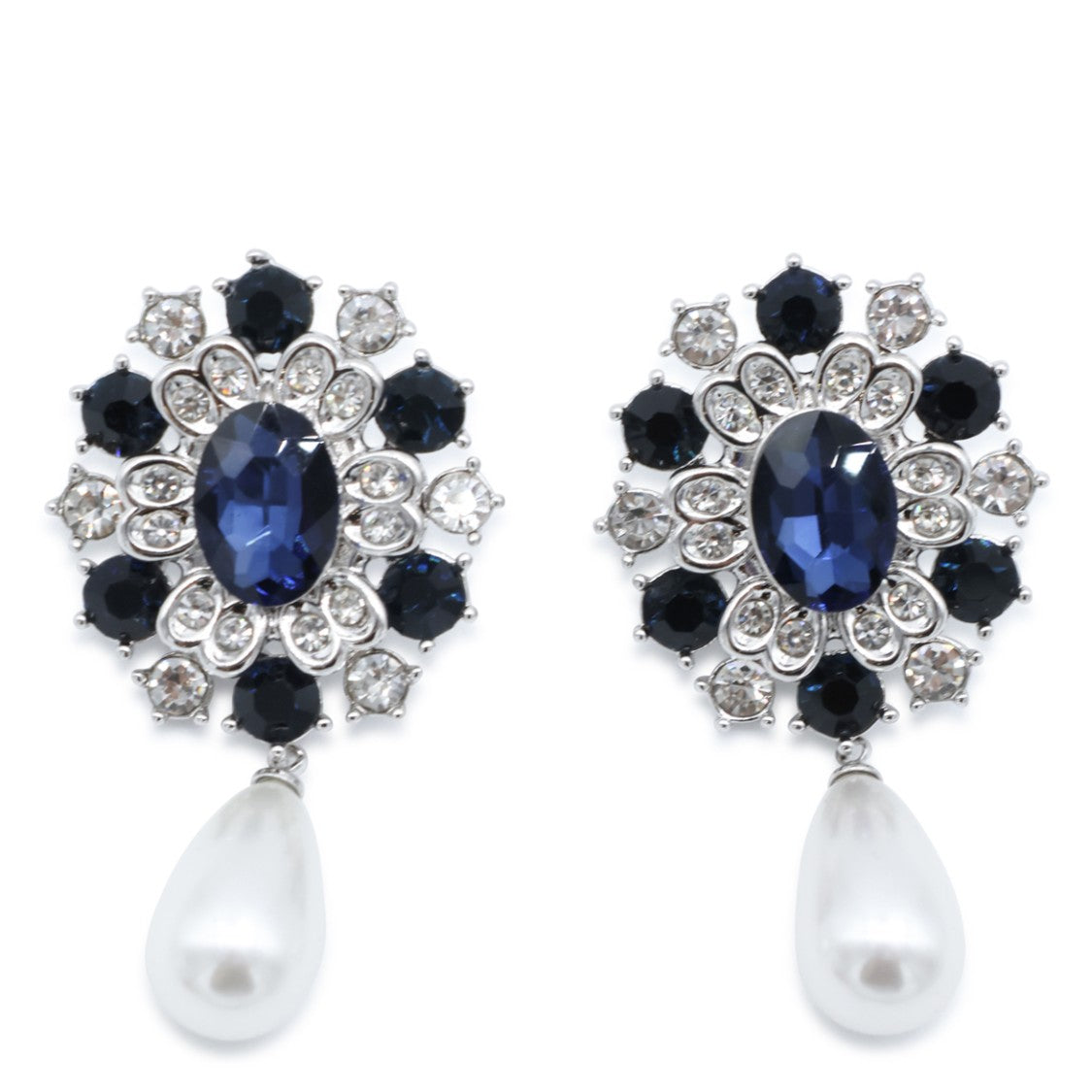 Self-Portrait Floral-Patterned Earrings With Deep Blue Gemstone And Pearl Accents