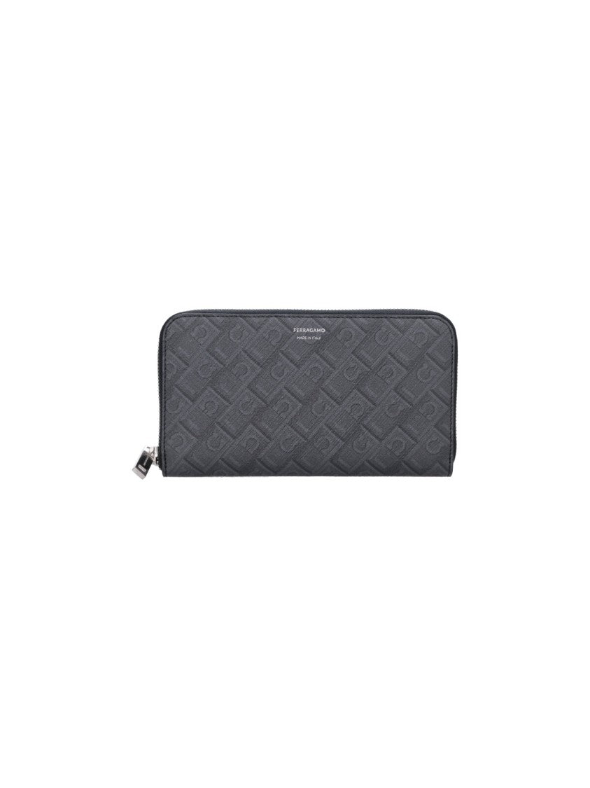 Ferragamo Black Central Zip Leather Wallet