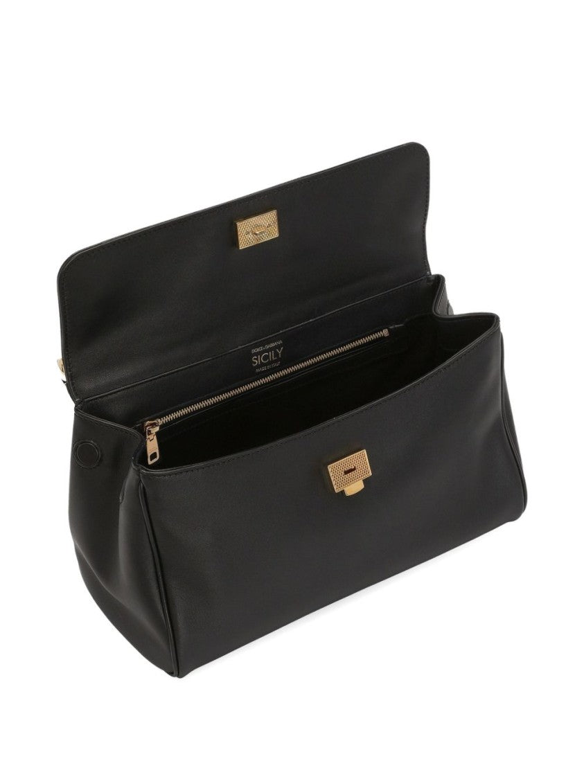 Dolce & Gabbana Black Gold-Tone Plaque Structured Shoulder Bag