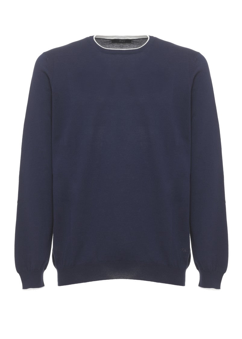 Fay Blue Logoed Cotton Crewneck Sweater