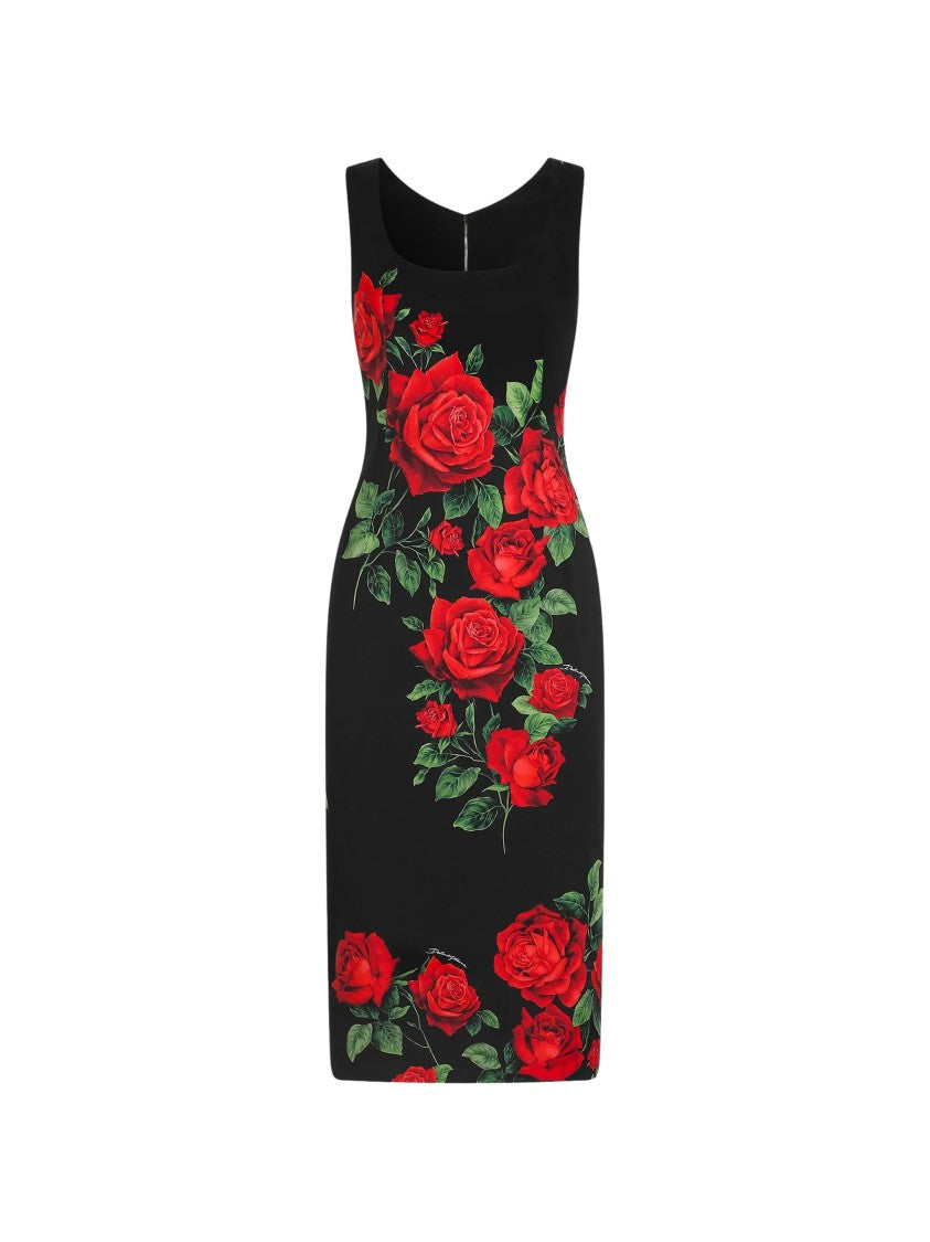 Dolce & Gabbana Black Rose Print Silk Midi Dress