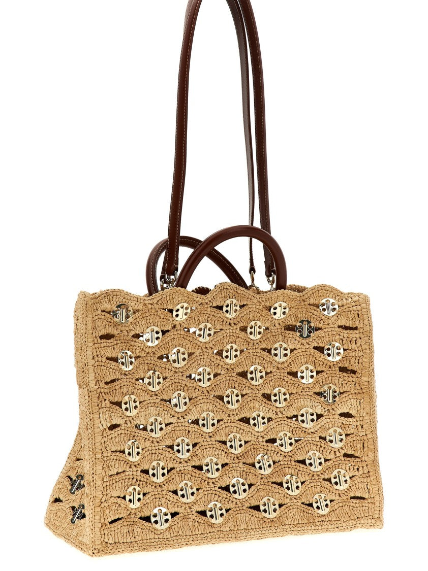 Paco Rabanne Raffia Handbag With Scalloped Edges And Metal Appliqués