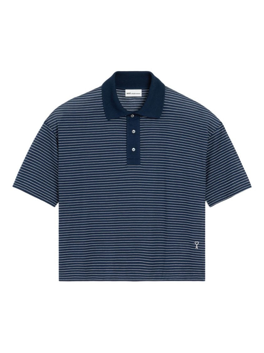 Ami Paris Blue Striped Cotton Polo Shirt