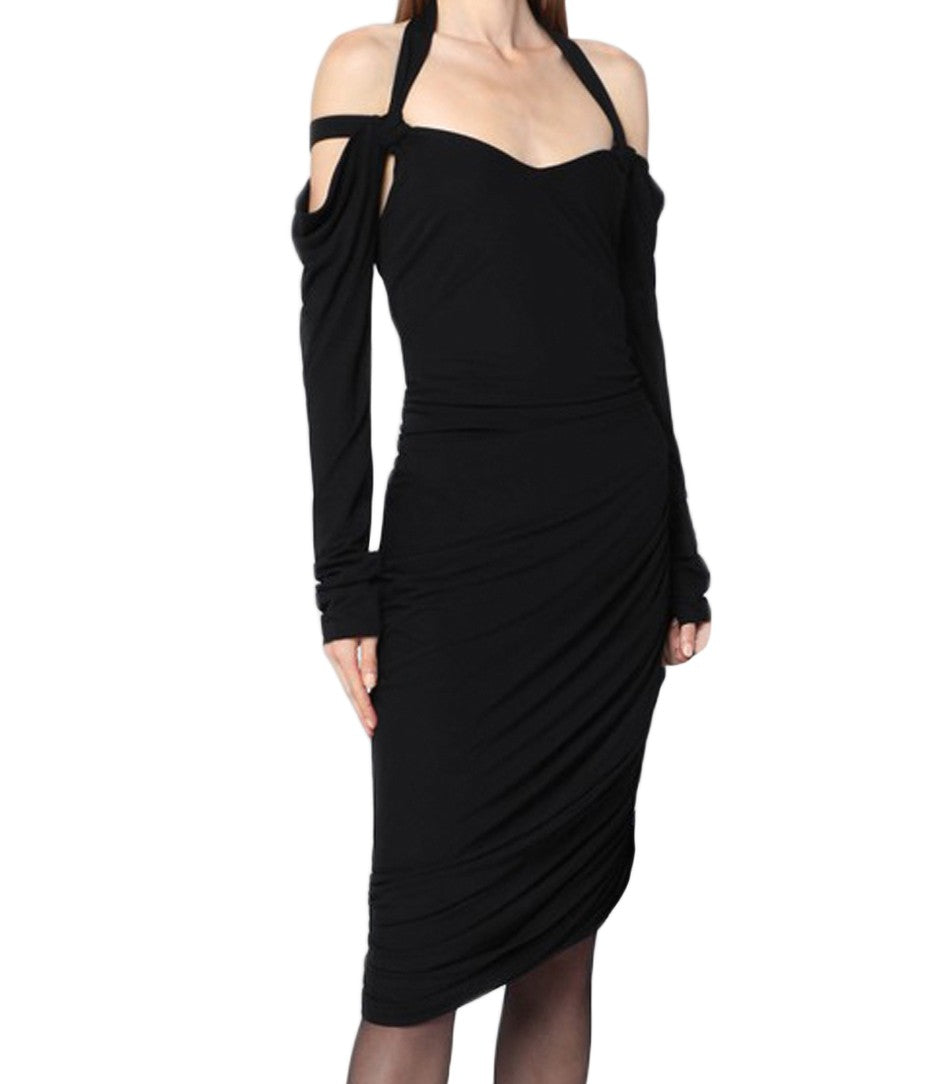 The Attico Off-Shoulder Black Midi Dress With Ruched Detailing