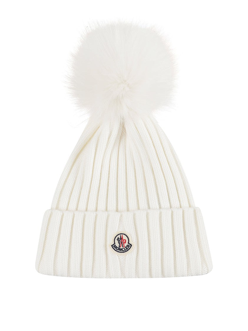 Moncler Ribbed Knit Wool Hat With Faux Fur Pompom