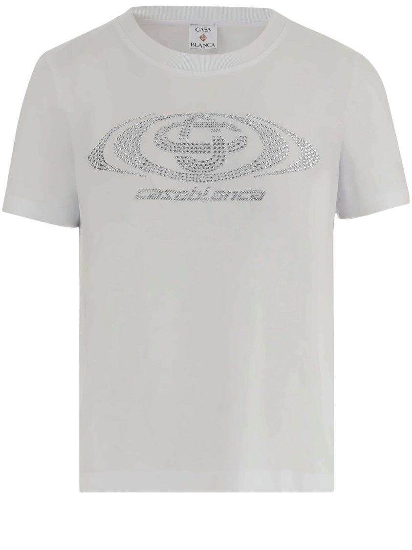 Casablanca White Cotton T-Shirt With Rhinestone Logo