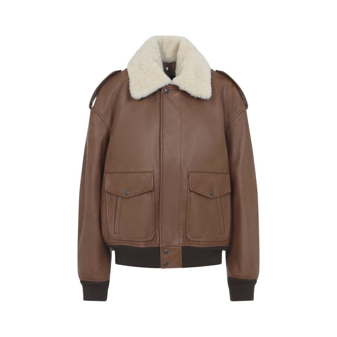 Saint Laurent Brown Calf Leather Jacket With Shearling Collar