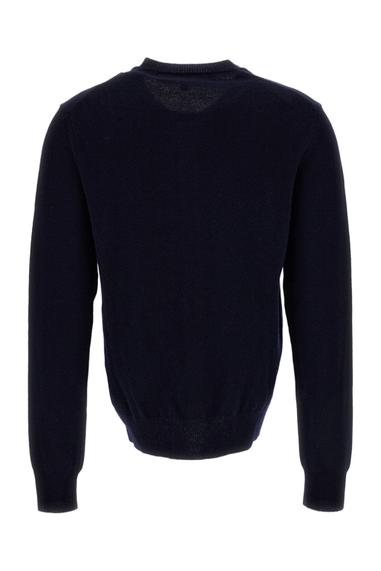 Comme Des Garçons Blue White Emblem Wool Crewneck Cardigan
