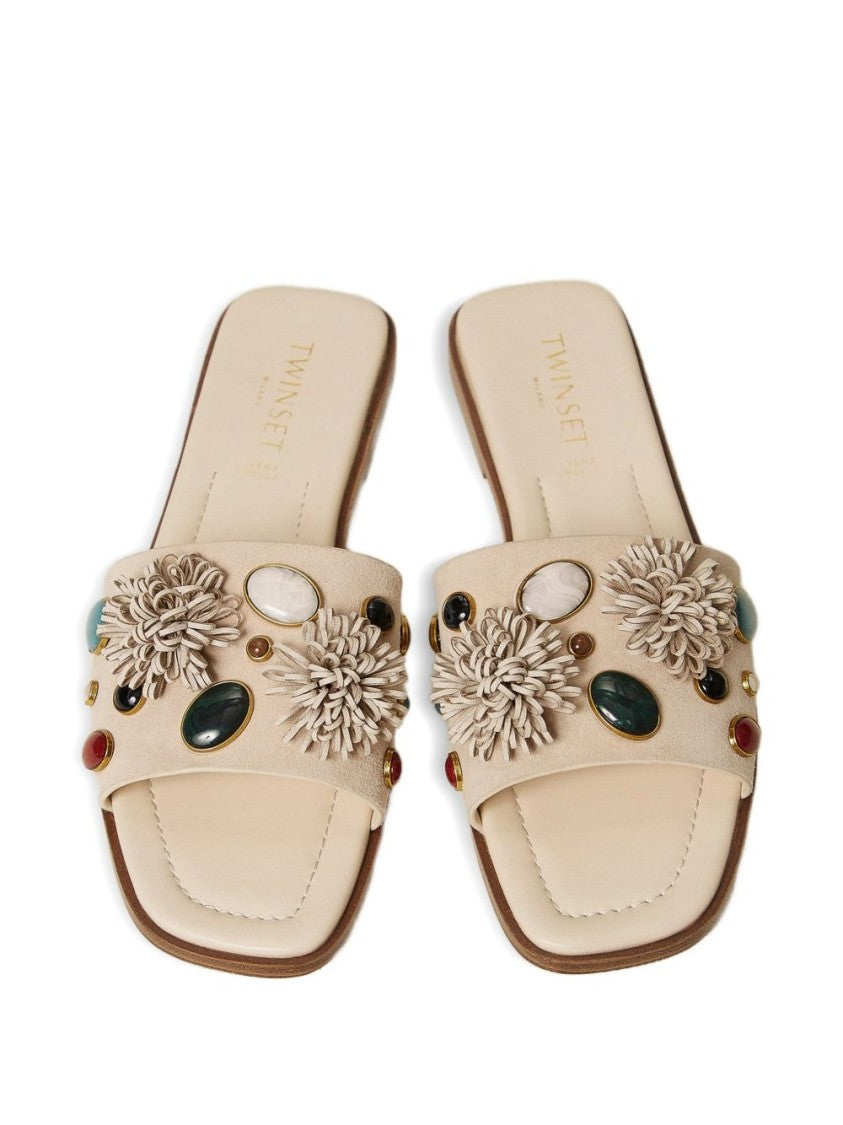 Twin-Set Beige Floral Appliqué Sandals With Stone Embellishments