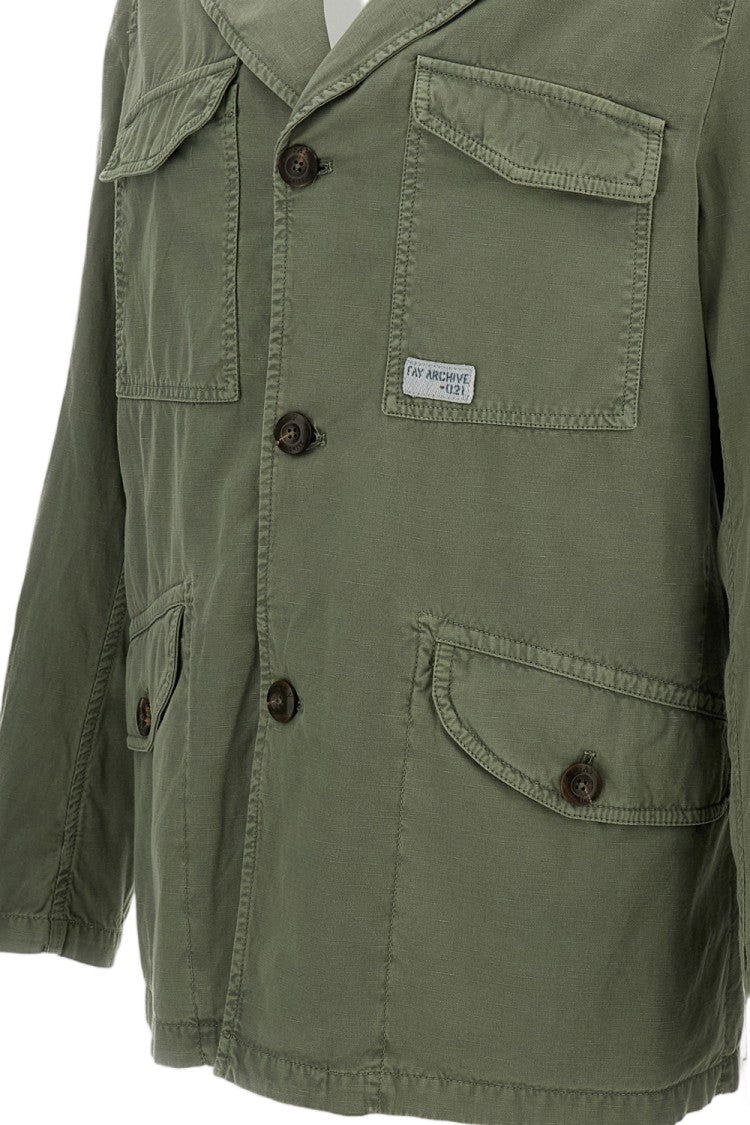 Fay Unlined Green Gabardine Jacket With Flap Pockets And Gusseted Elbows