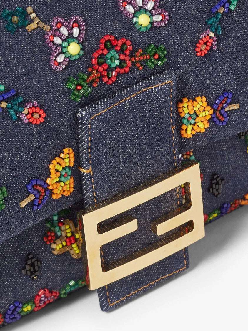 Fendi Blue Baguette Denim Ricamo Bag