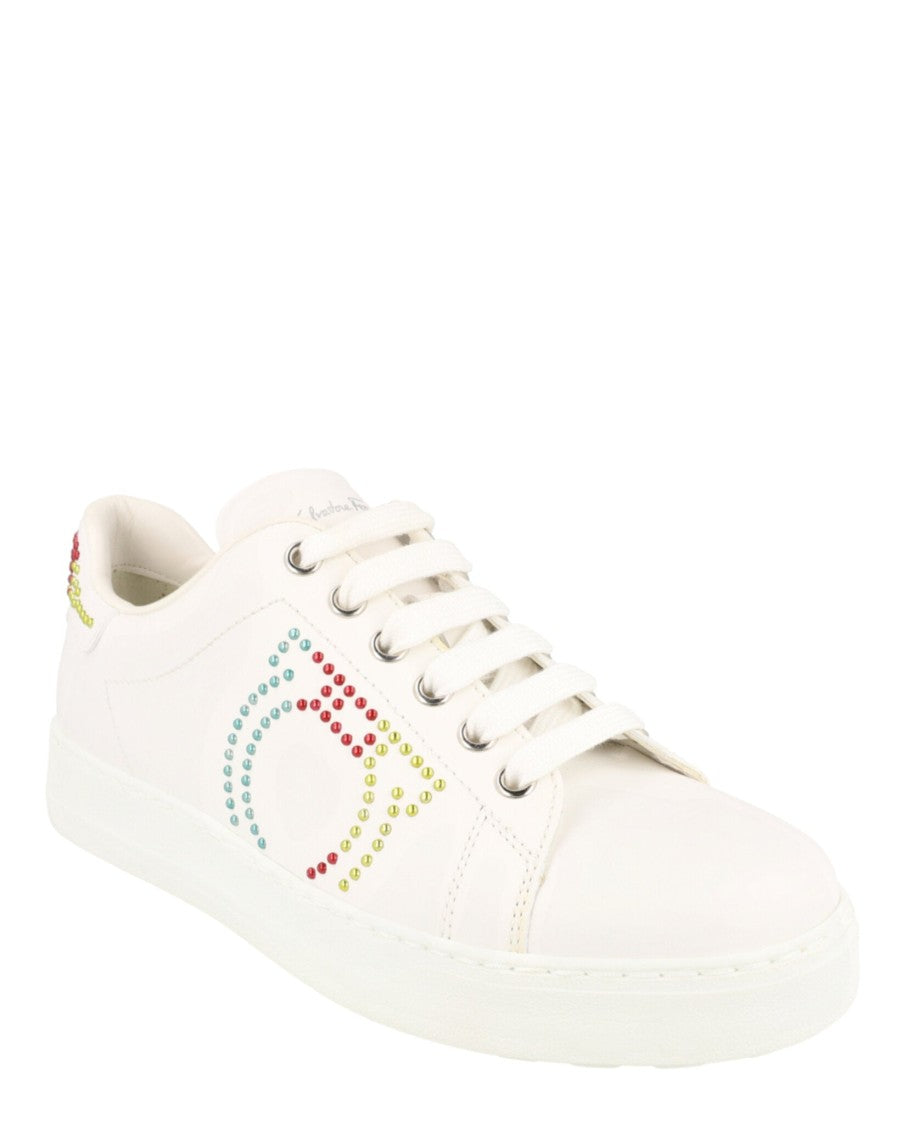 Ferragamo Leather Sneakers With Almond Toe And Studded Design