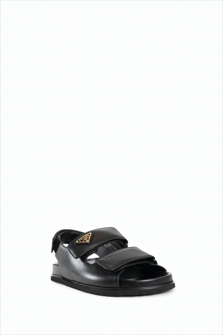 Prada Black Leather Sandals With Adjustable Straps And Metal Logo