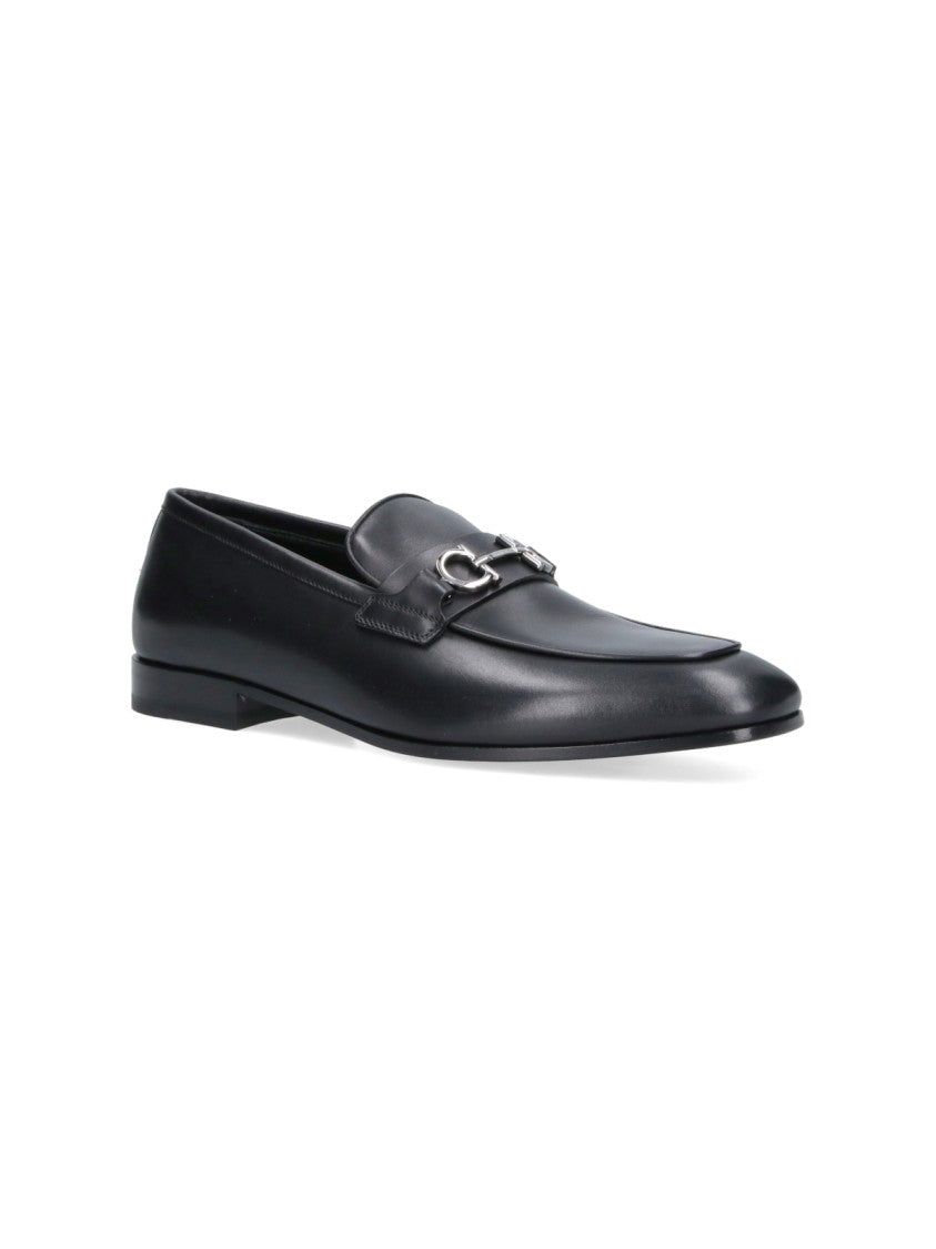 Ferragamo Black Gancini Round Toe Leather Loafers