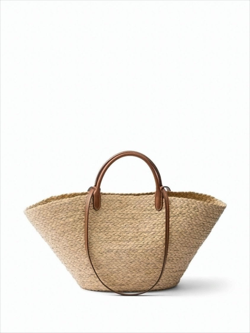 Prada Trapezoidal Raffia Shoulder Bag With Embossed Logo Detail