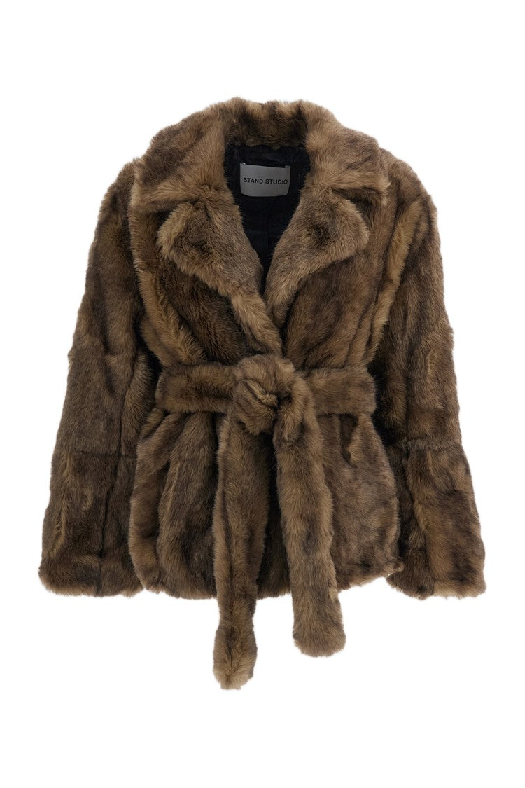 Stand Studio Beige Silena Robe-Style Soft Faux Fur Belted Jacket