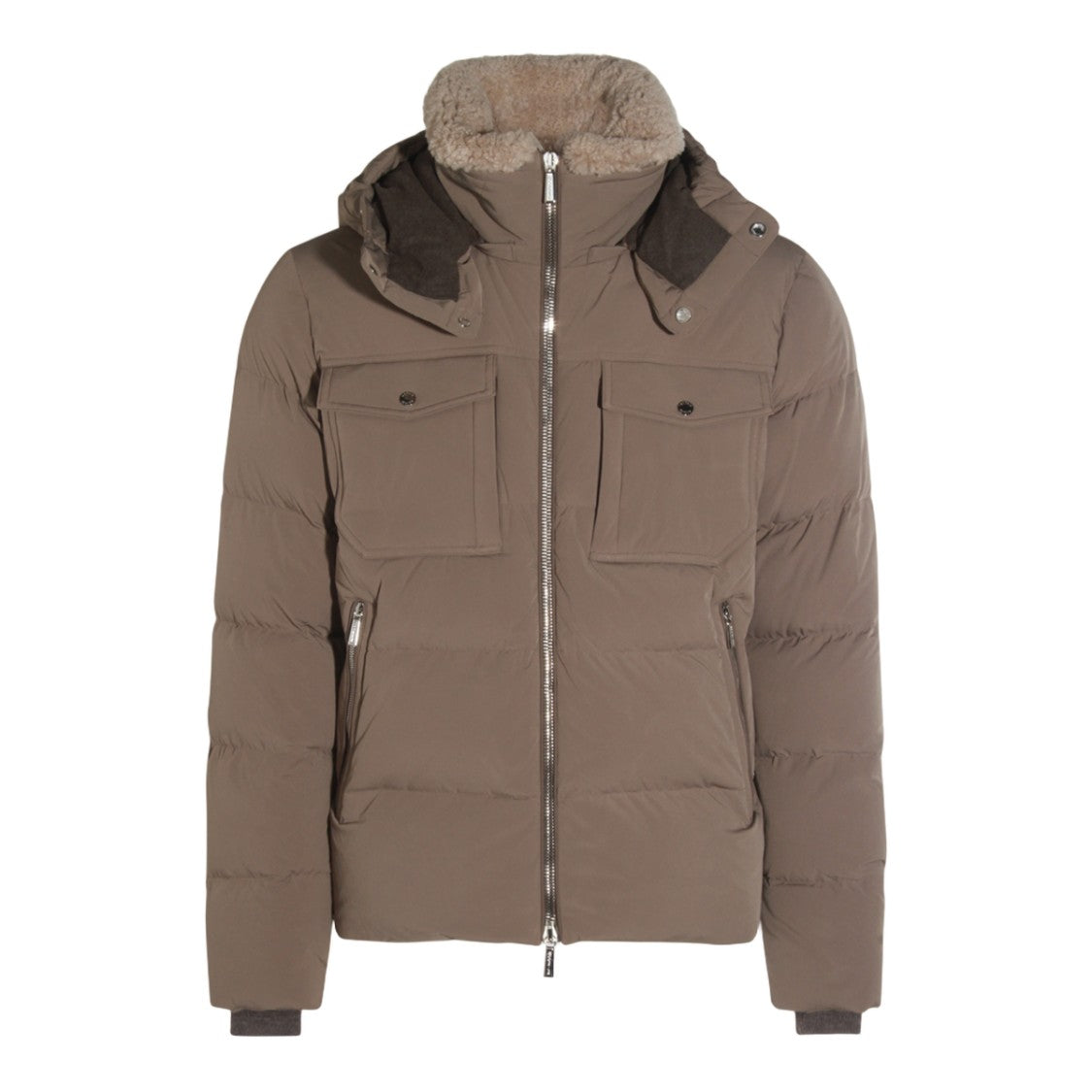 Moorer Padded Brown Coat With Shearling-Lined Collar