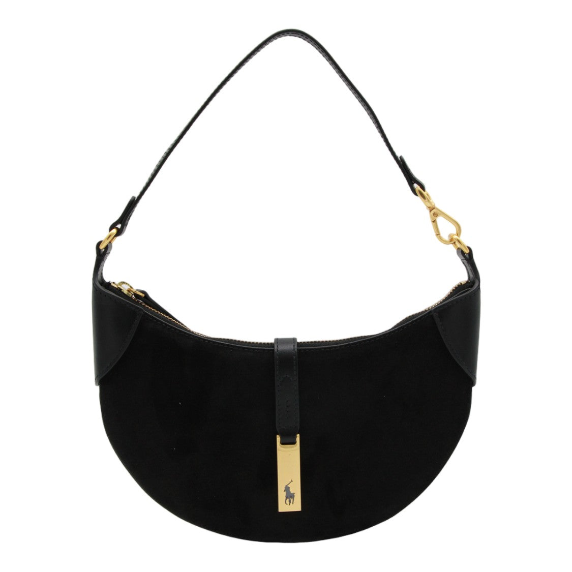Polo Ralph Lauren Crescent-Shaped Handbag In Black Suede With Gold Accents
