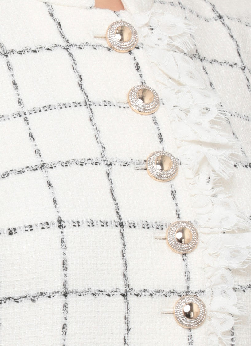 Self-Portrait Ivory Check Boucle Mini Dress With Lace Trim And Sequined Detail