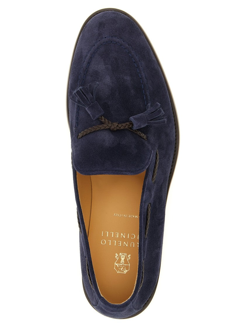 Brunello Cucinelli Suede Blue Moccasins With Woven Leather And Suede Tassels