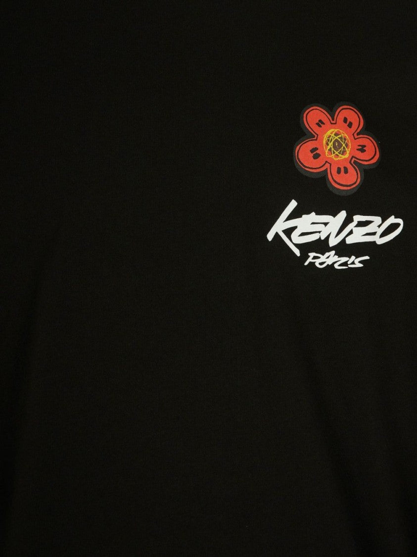 Kenzo Graphic Print Black Long-Sleeved T-Shirt With Flower Embellishment