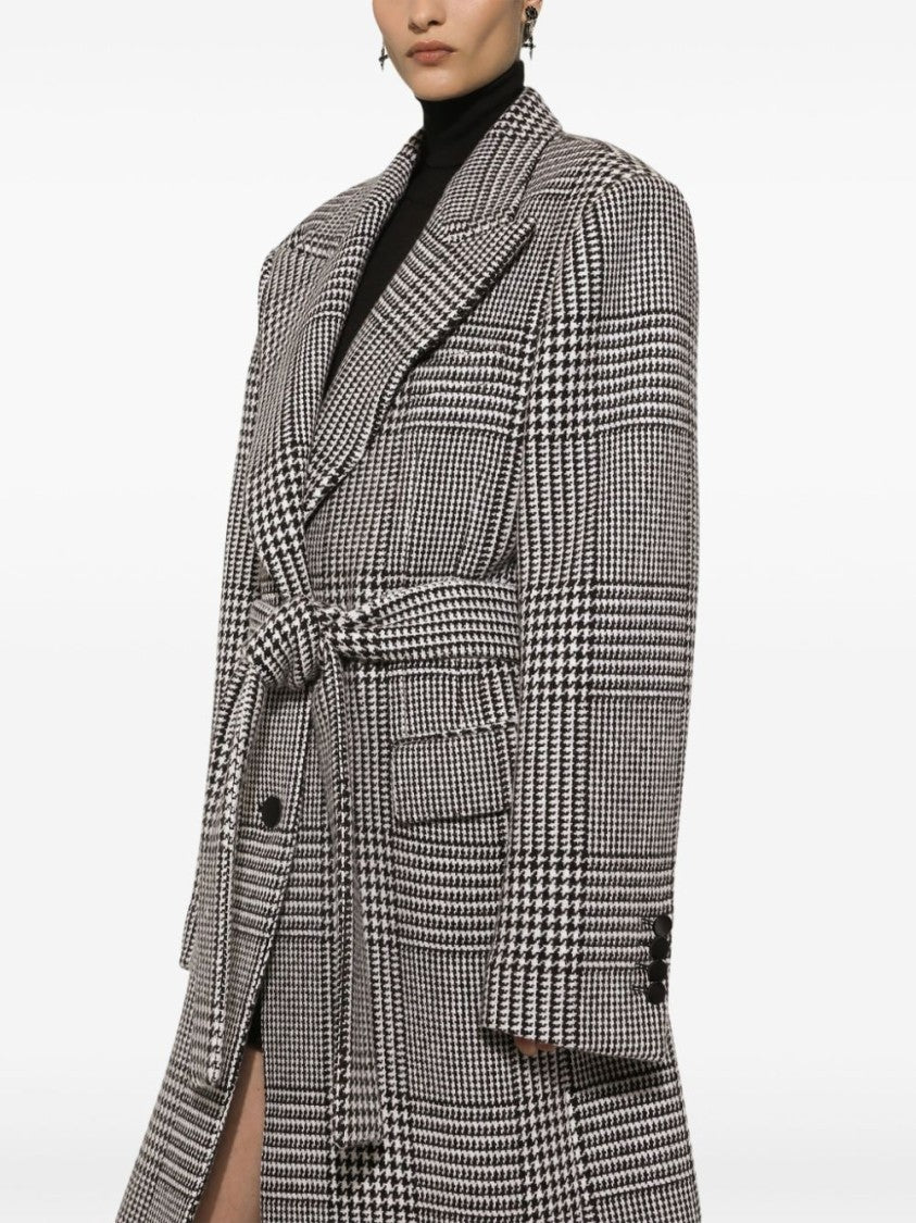 Dolce & Gabbana Houndstooth Pattern Long Coat With Tailored Silhouette