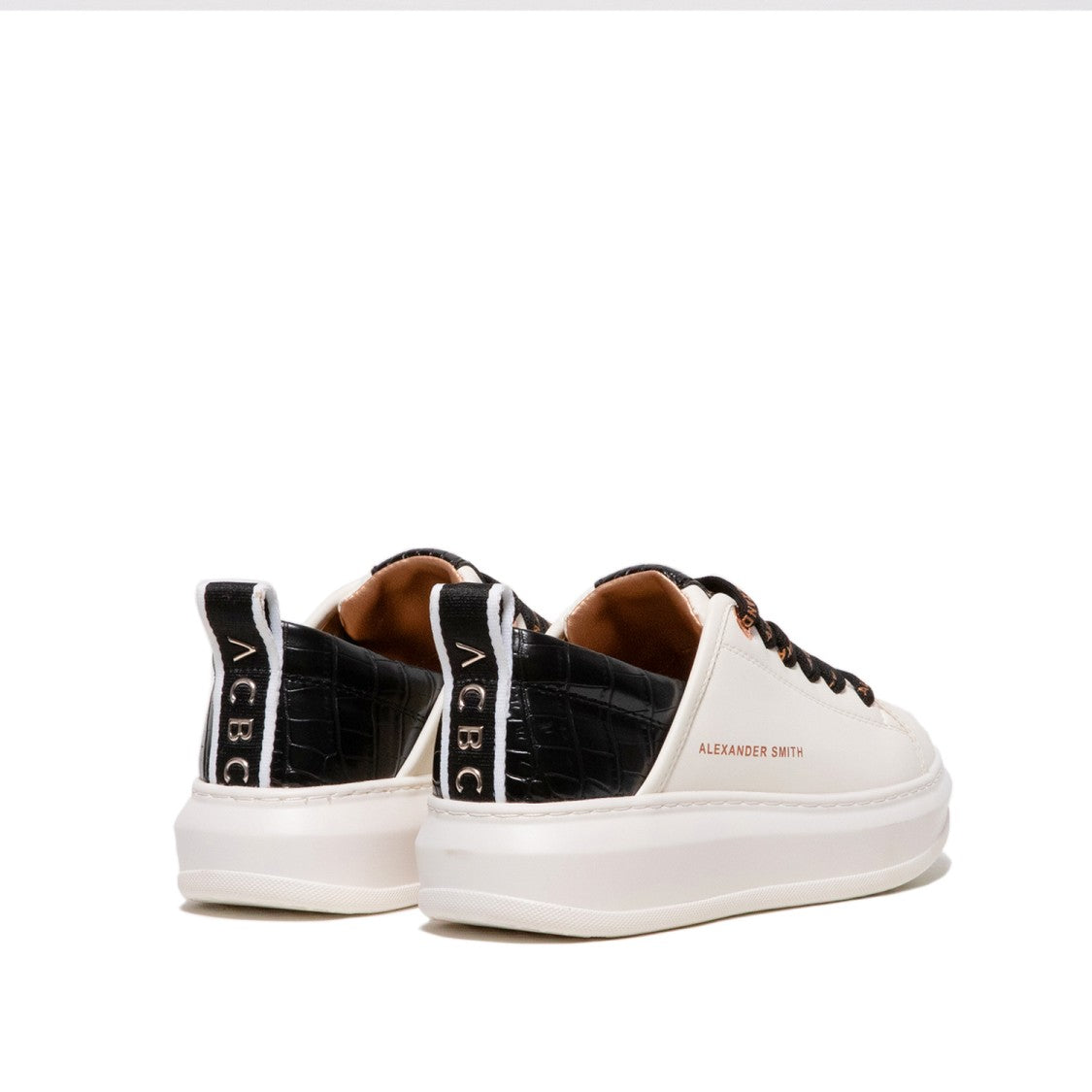 Alexander Smith Crocodile Print White Faux Leather Sneakers