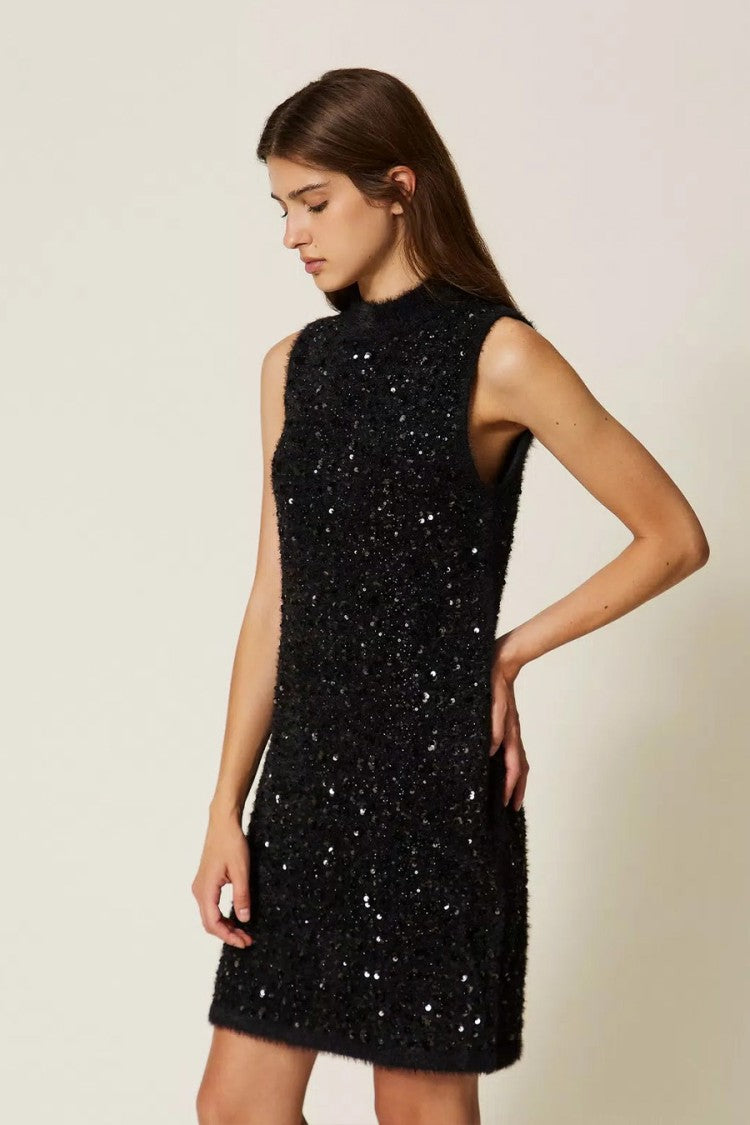 Twin-Set Black Sparkling Sleeveless Mock-Neck Mini Dress