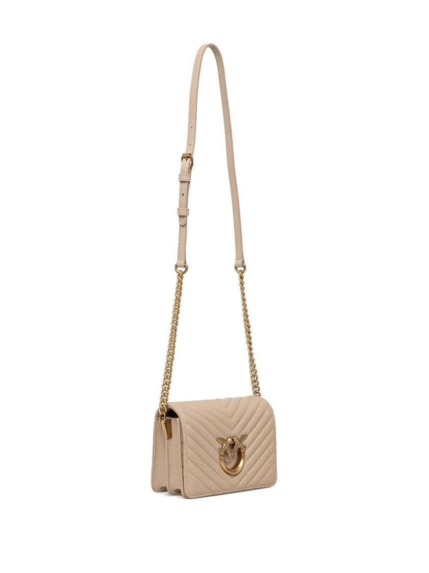 Pinko Quilted Beige Mini Shoulder Bag With Bird Motif Hardware
