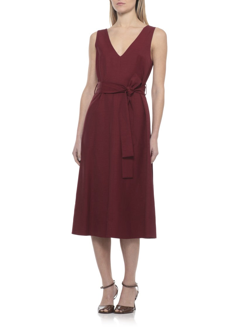 Parosh Bordeaux Viscose And Linen Midi Dress With Matching Belt