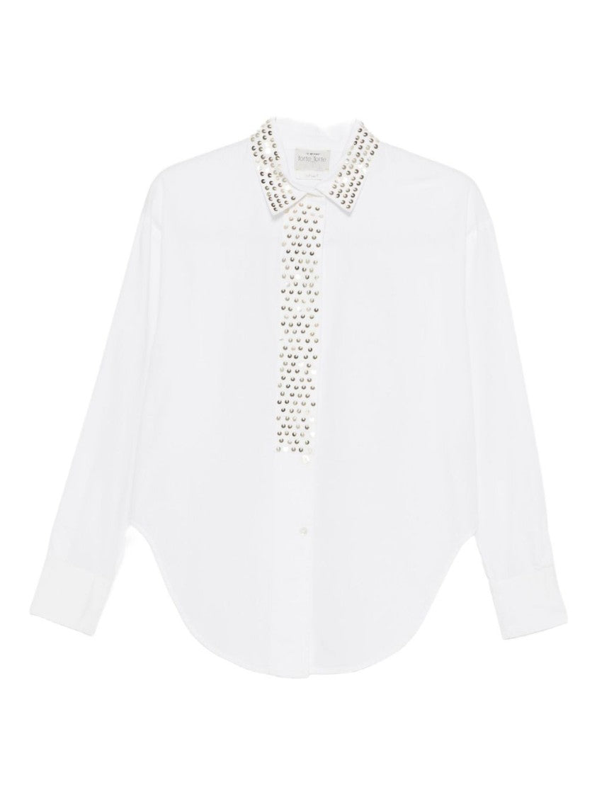Forte Forte White Cotton Shirt With Gold Crescent Studs