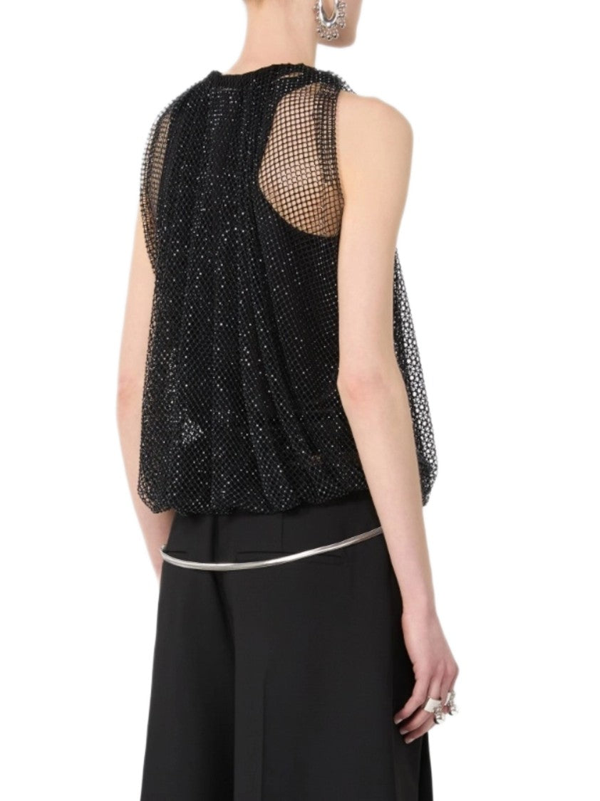 Max Mara Black Sleeveless Top With Embellished Mesh Overlay