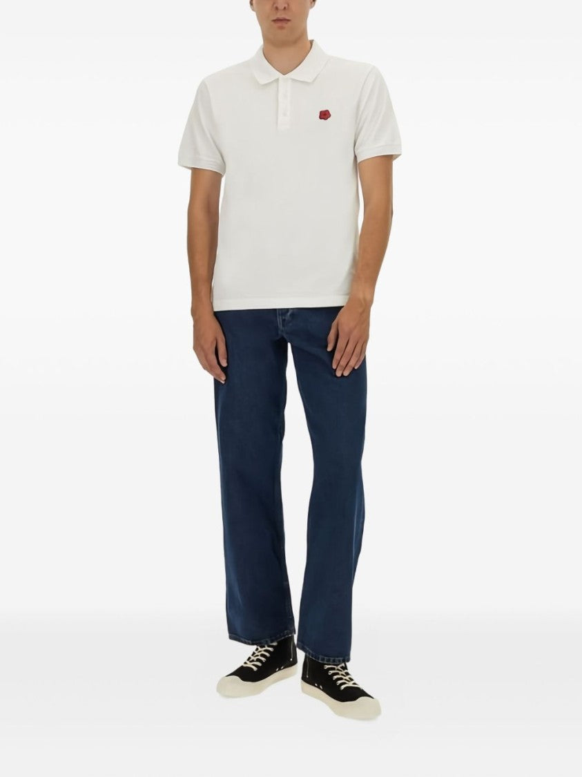 Kenzo White Cotton Polo Shirt With Embroidered Rose Detail