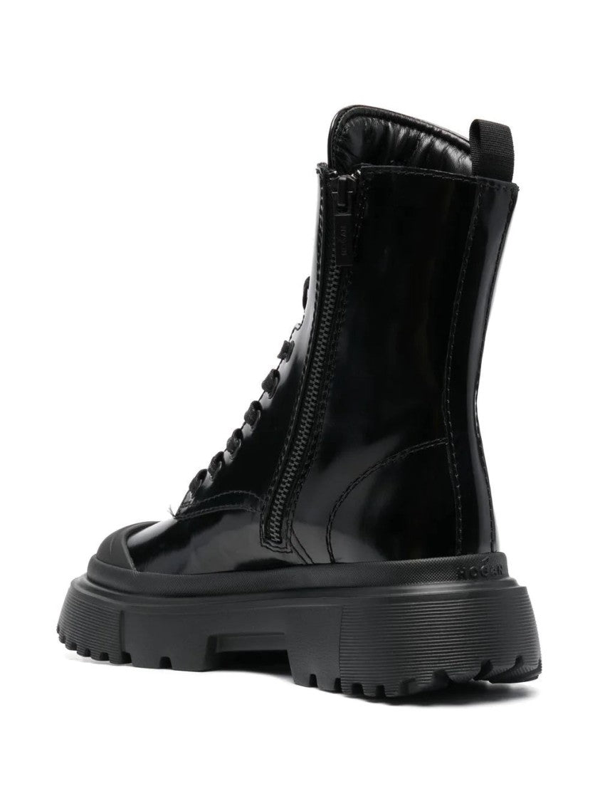 Hogan Glossy Black Ankle Boots With Lace-Up Front And Chunky Sole