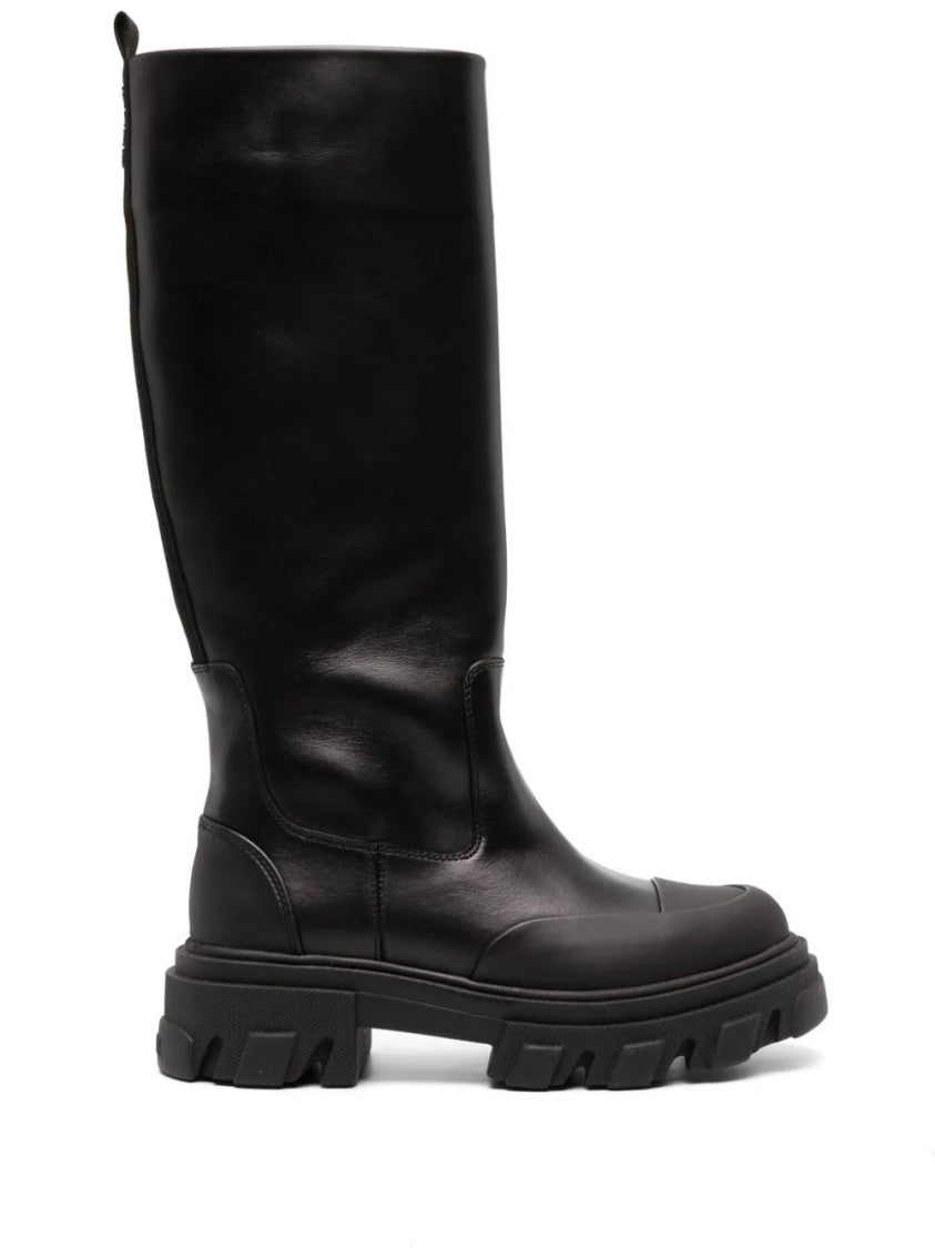 Ganni Black Cleated High Tubular Chunky Pull Tab Leather Boots