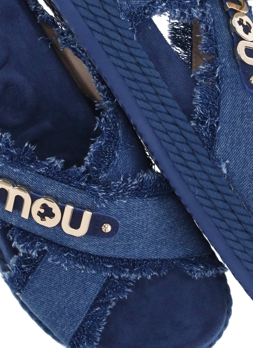 Mou Blue Criss-Cross Denim Sandals